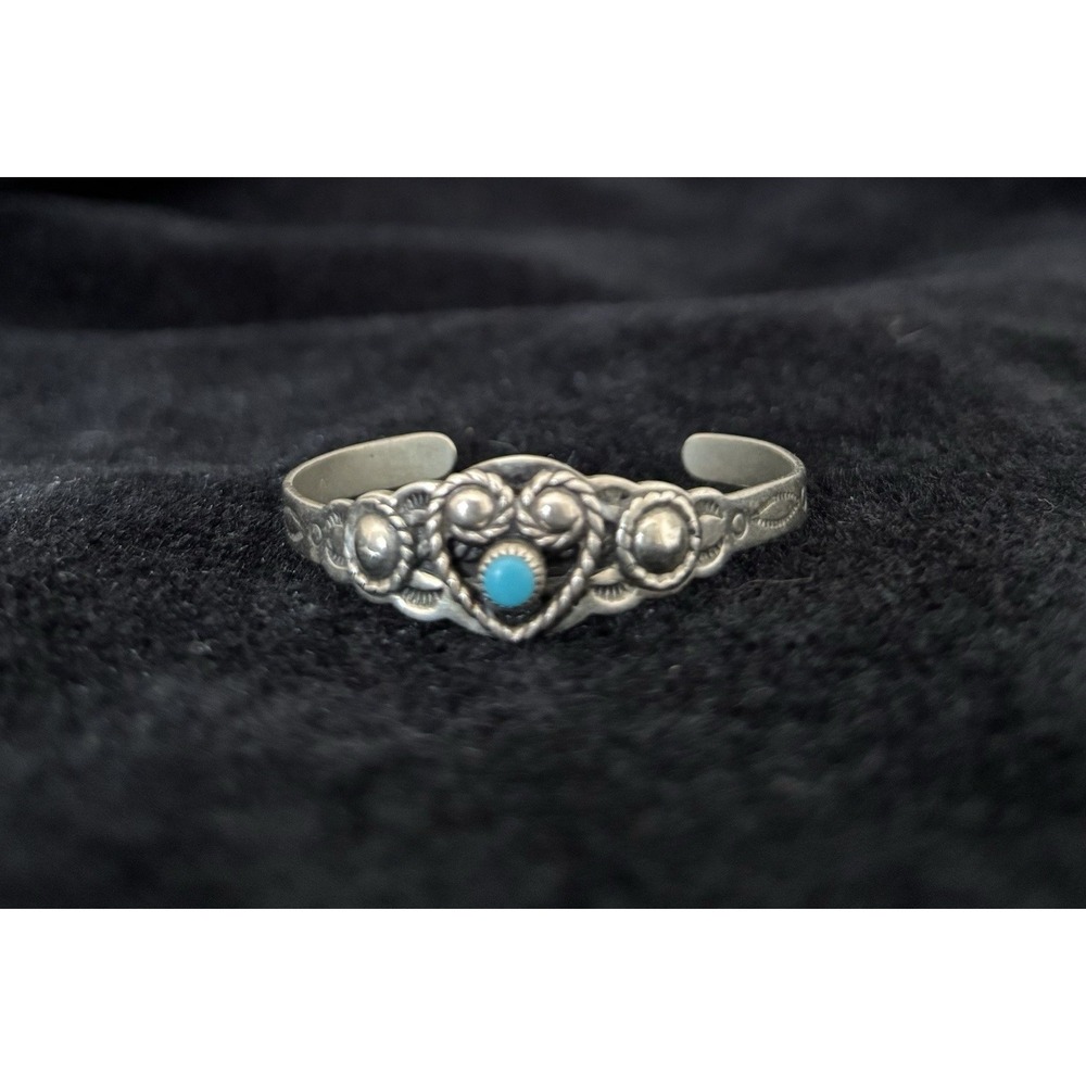Vintage Bell Nickel Silver Turquoise Heart Stamped Petite Or Child Cuff Bracelet